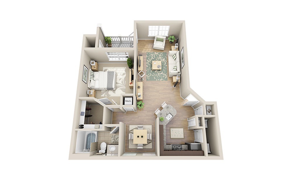 Bowen A2 - 1 bedroom floorplan layout with 1 bath and 887 square feet.