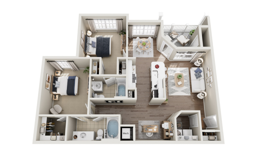 Edisto B1R - 2 bedroom floorplan layout with 2 bathrooms and 1097 square feet