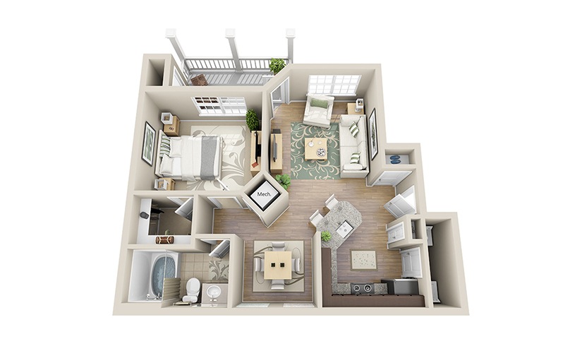Rutledge A1 - 1 bedroom floorplan layout with 1 bathroom and 704 square feet