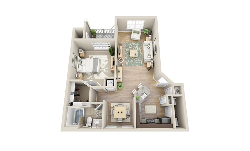 Bowen A2 - 1 bedroom floorplan layout with 1 bathroom and 887 square feet